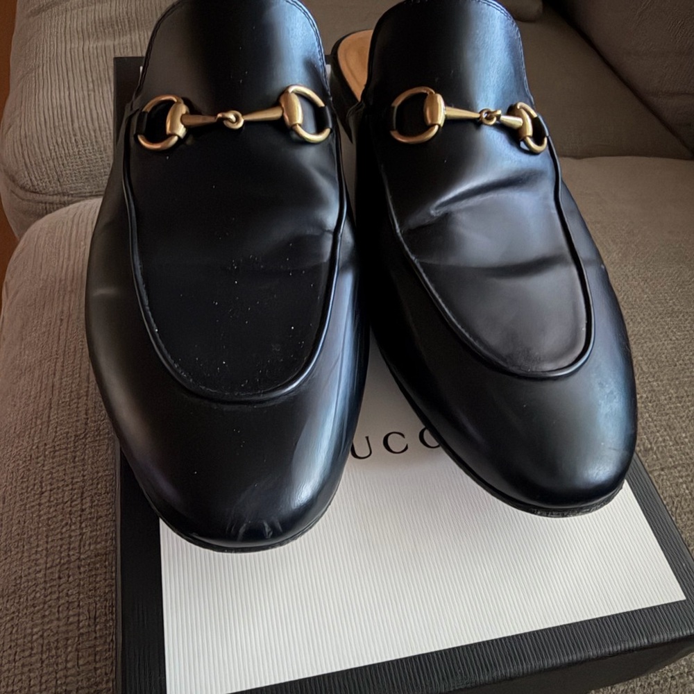 Gucci Black Leather Horsebit Slip-On Mules